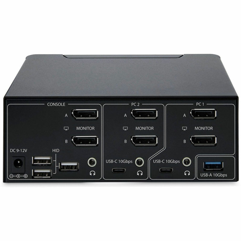 Detailed view of KVM switch rear ports showing DisplayPort and USB connections