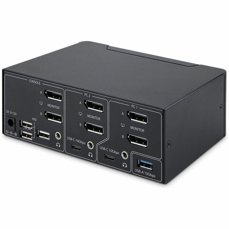 Rear view of KVM switch showing DisplayPort connections, USB-C ports, and audio jacks