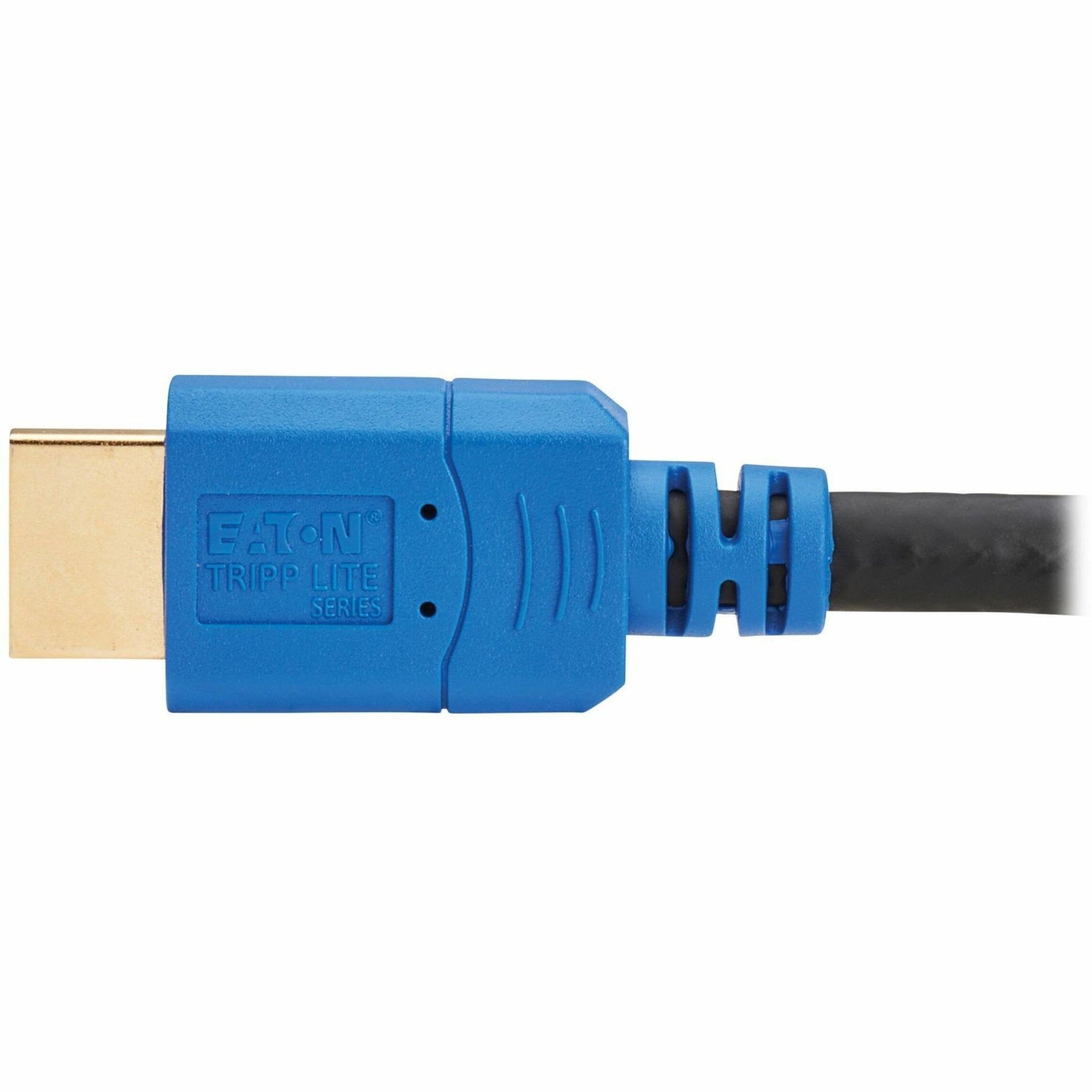 Close-up of blue HDMI connector with gold-plated contacts and Tripp Lite branding-alternate-image2