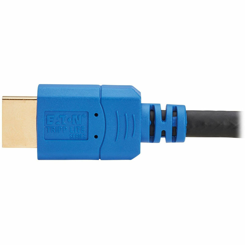 Close-up of blue HDMI connector with gold-plated contacts and Tripp Lite branding