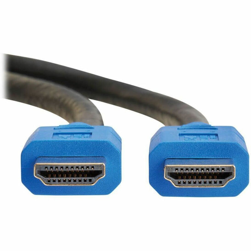 Close-up view of blue HDMI connectors showing gold-plated pin configuration