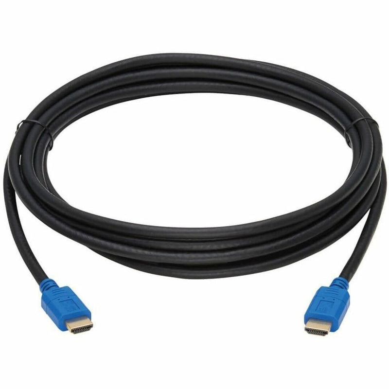 30-foot black HDMI cable with blue connectors showing full cable length coiled view