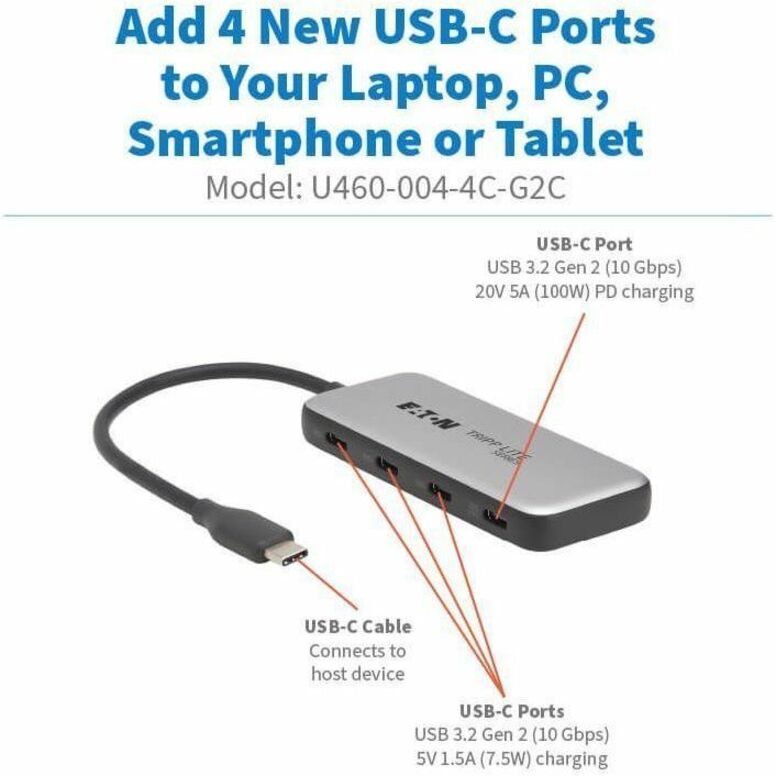 تريب لايت من إيتون محور USB-C بأربعة منافذ 10 جيجابت في الثانية 100 واط PD TB3 رمادي