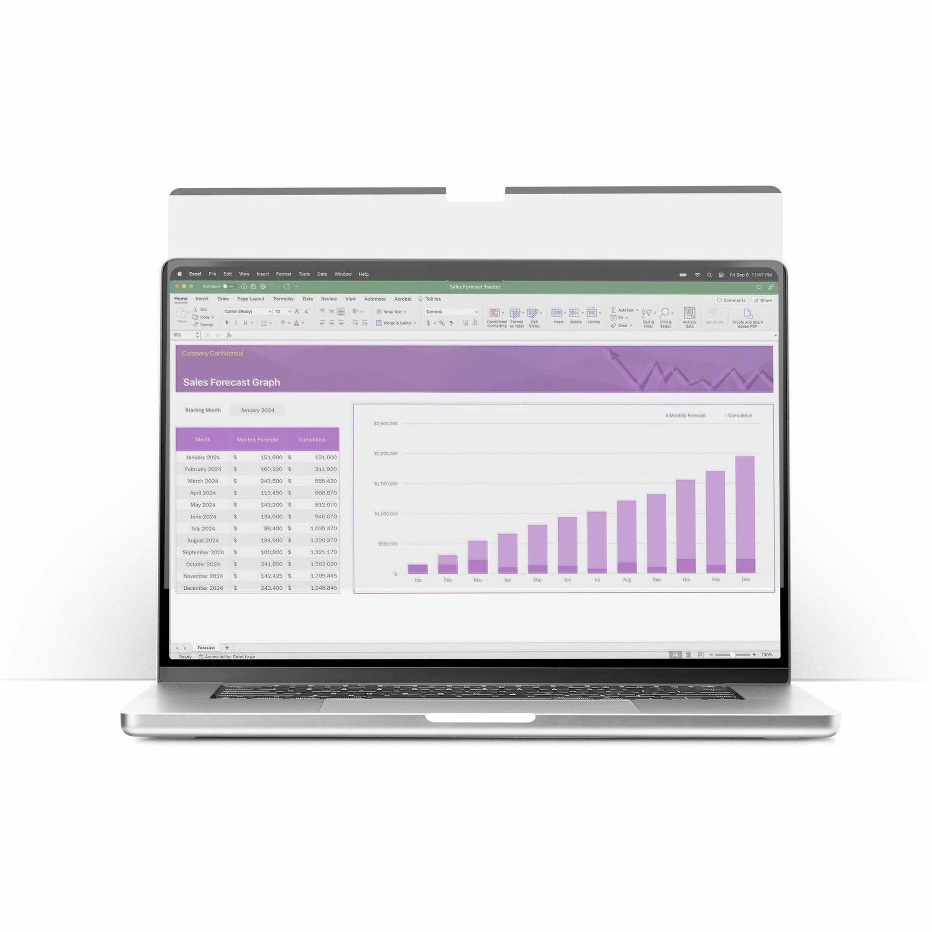 Direct view of laptop screen showing clear spreadsheet through privacy filter-alternate-image2