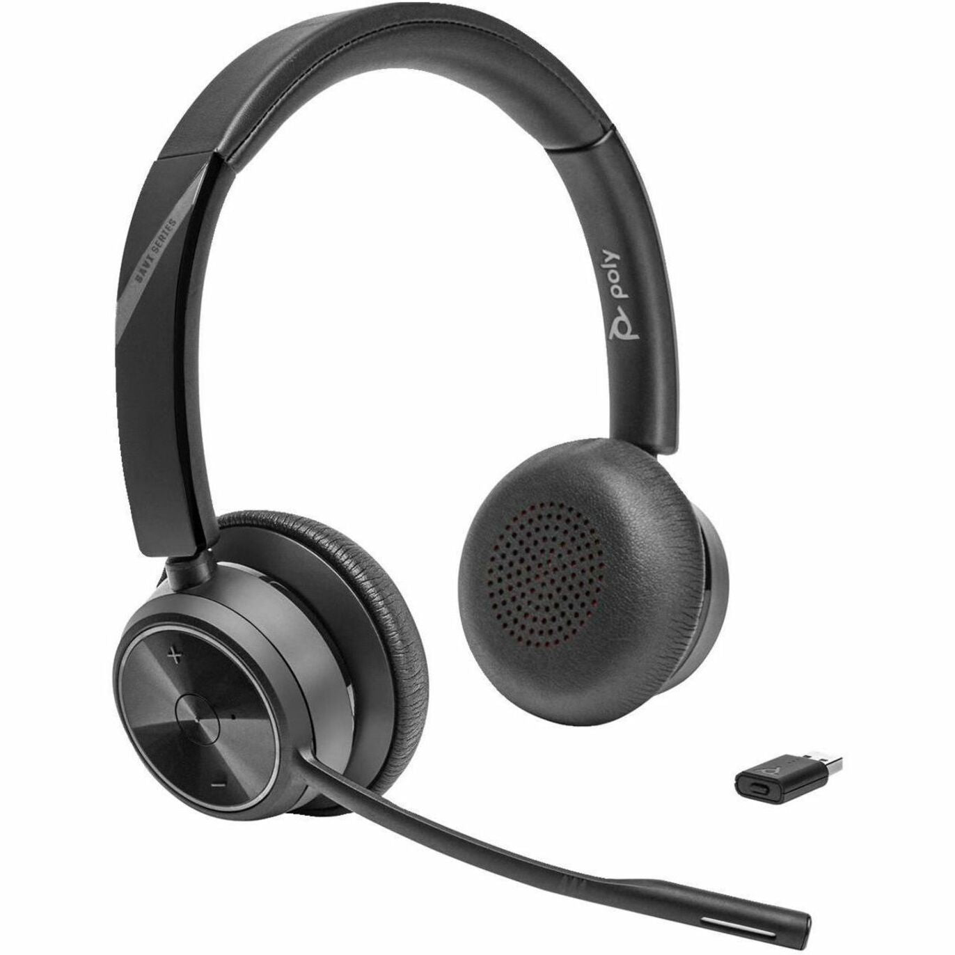 Side view of Poly Savi 7320 UC headset showing boom microphone and ear cushions with DECT adapter-alternate-image2