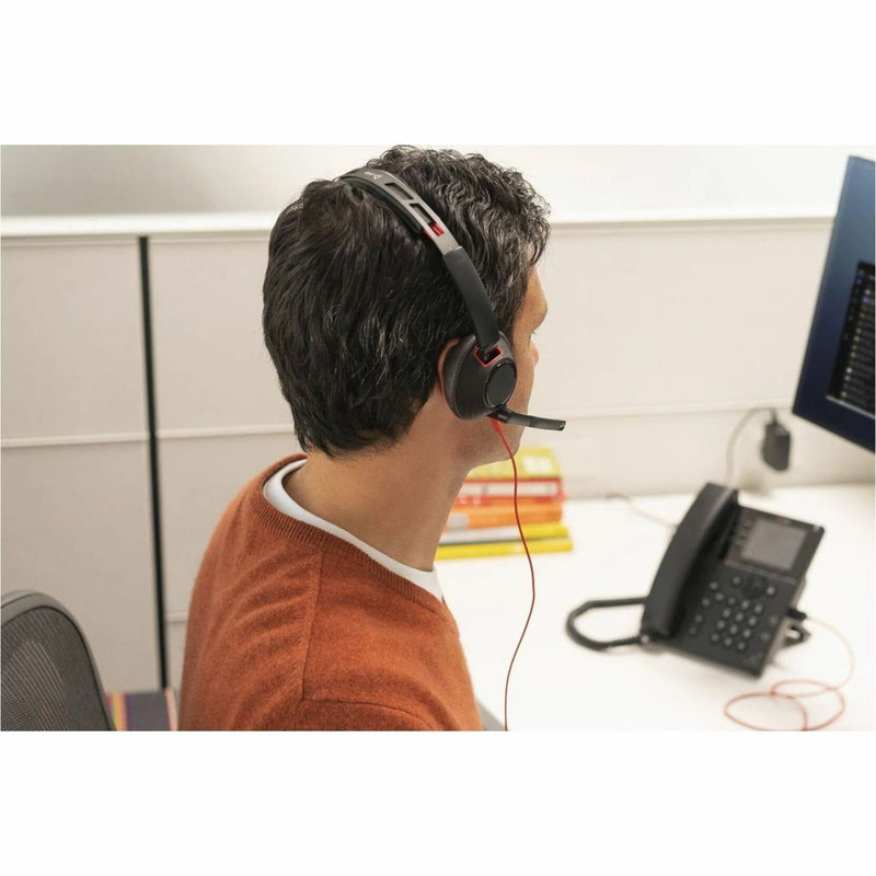 Side view of Poly Blackwire 5210 headset showing single-ear design and boom microphone positioning