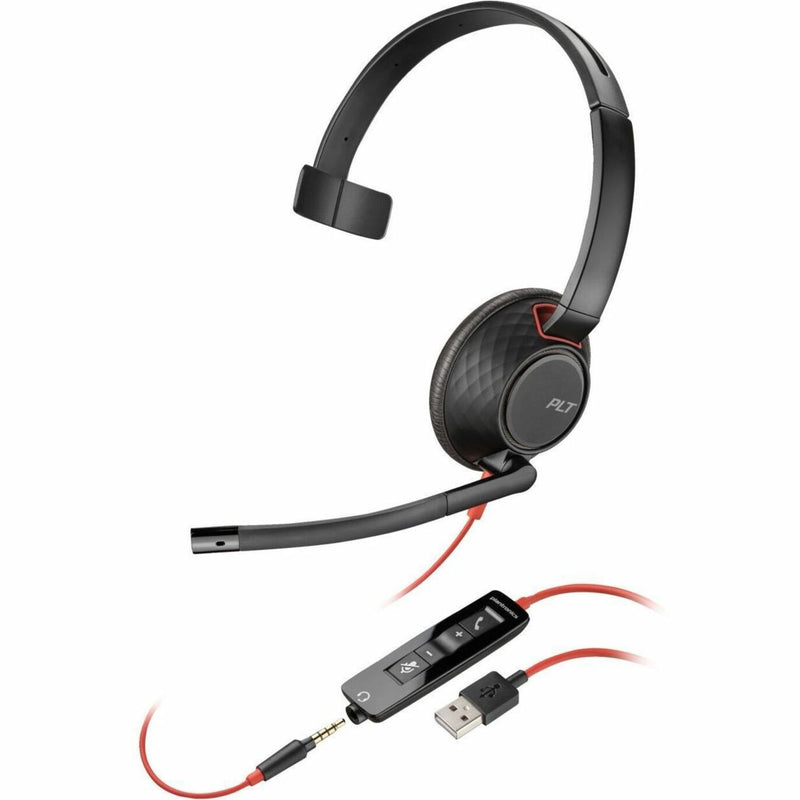 Poly Blackwire 5210 monaural headset with boom microphone and inline controls showing USB-A and 3.5mm connections