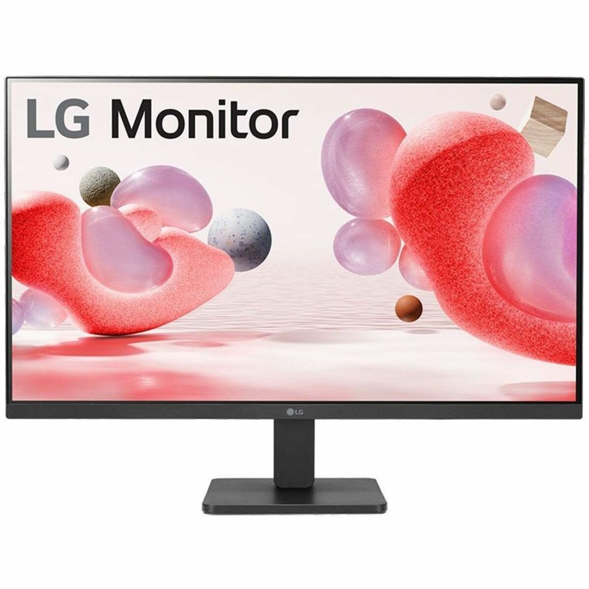 Front view of LG 27-inch monitor showing full display panel with abstract artwork and adjustable stand-alternate-image2