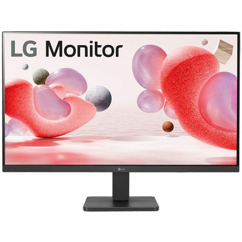 Front view of LG 27-inch monitor showing full display panel with abstract artwork and adjustable stand