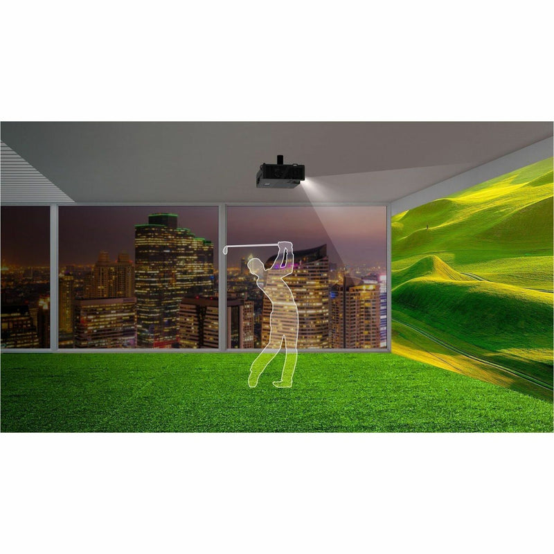 Indoor golf simulation setup showing projected course and player silhouette