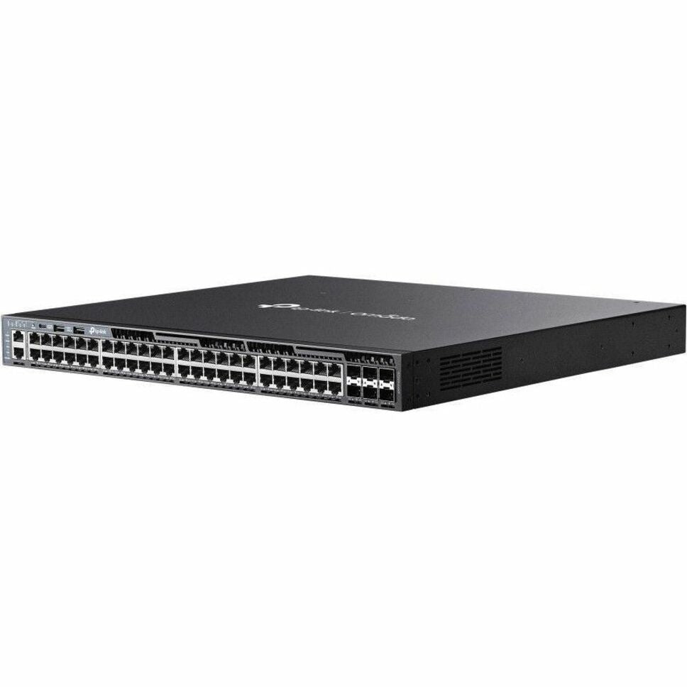 Side angle view of TP-Link Omada SG6654XHP switch highlighting its 1U rack-mount design-alternate-image2