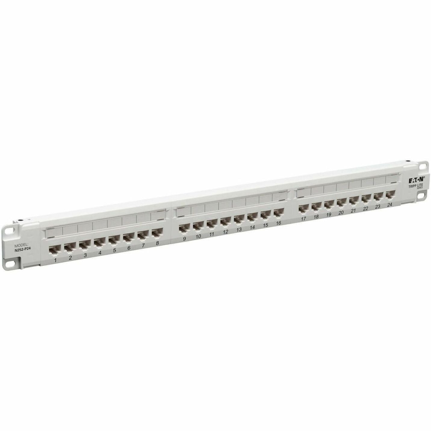 Front view of white Tripp Lite N252-P24-WH 24-port patch panel with numbered ports-alternate-image1