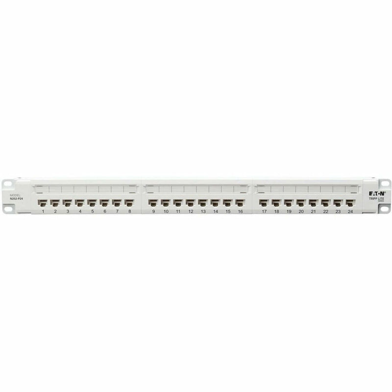 Full-length view of 24 numbered ports on white patch panel