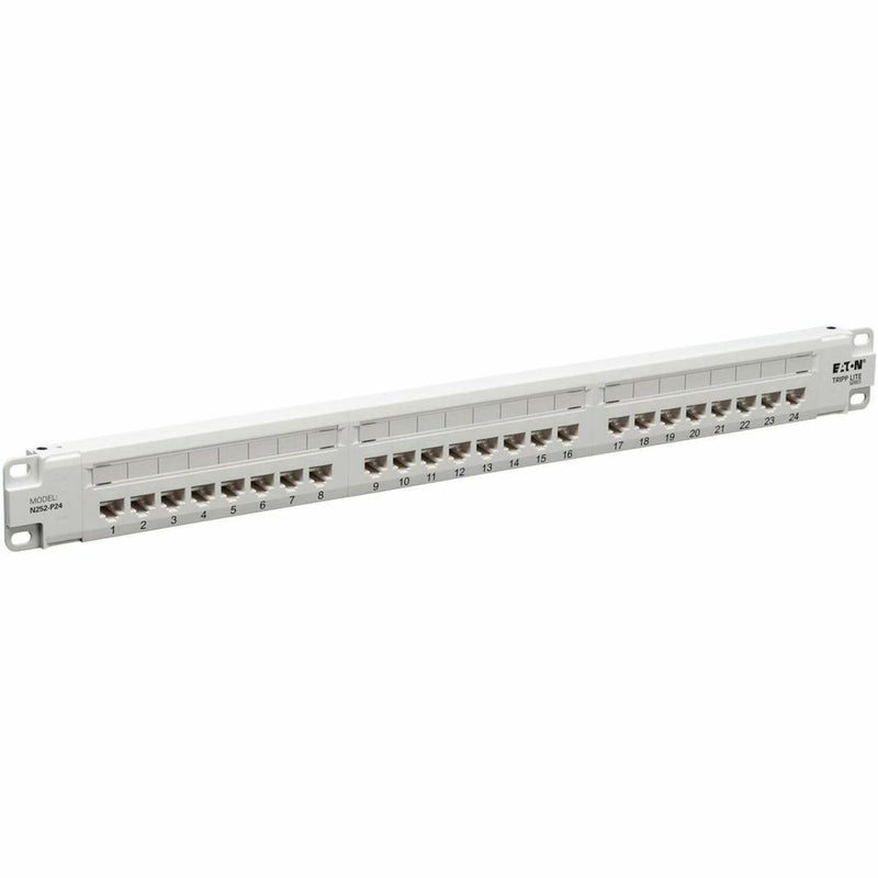 Front view of white Tripp Lite N252-P24-WH 24-port patch panel with numbered ports