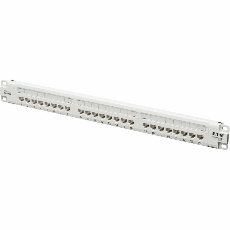 Angled view of N252-P24-WH patch panel showing port configuration