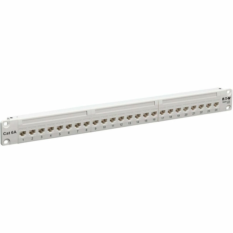 Front view of 24-port Cat6a patch panel with numbered ports