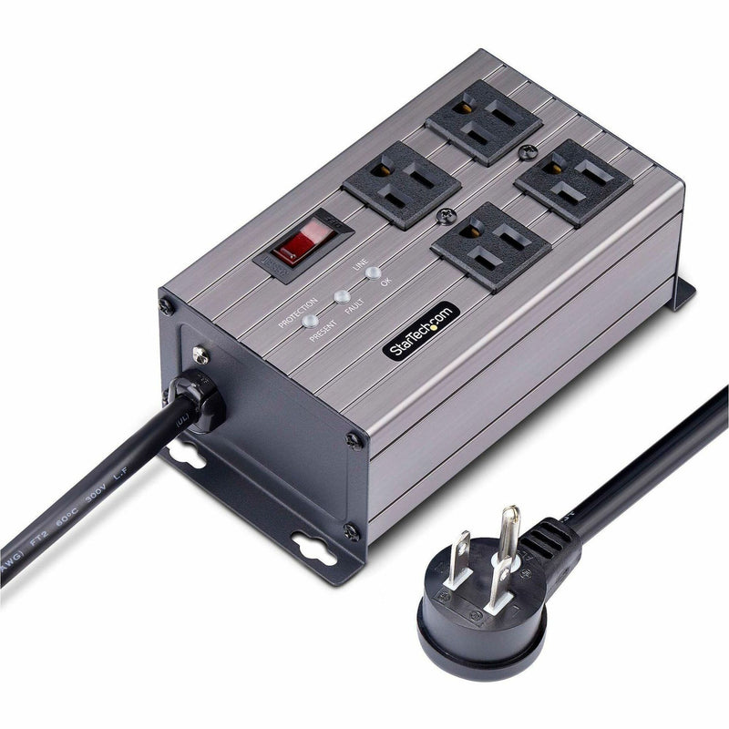 StarTech.com 4-outlet power strip with LED status indicators and surge protection, showing NEMA 5-15R outlets and power cord