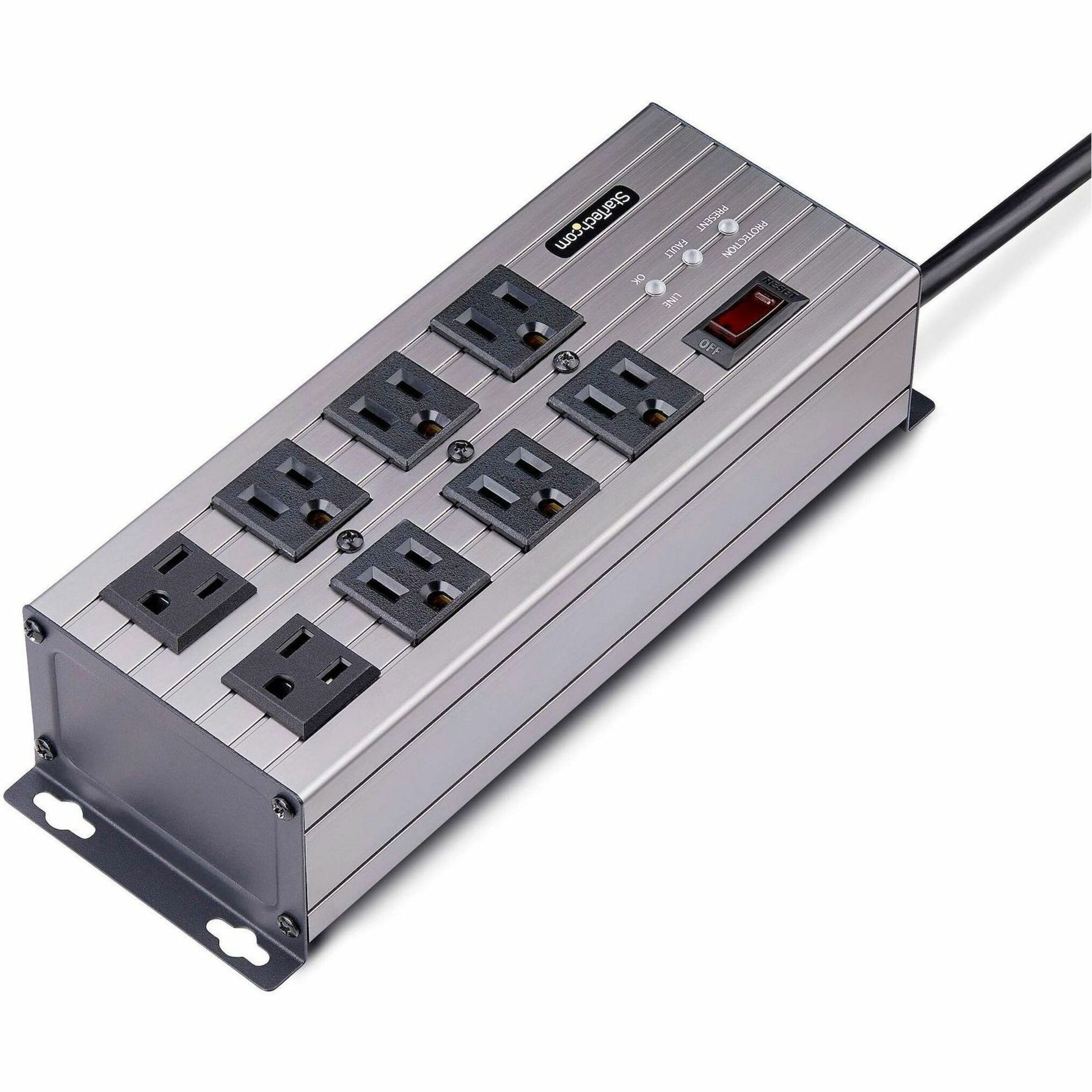 StarTech 8-outlet power strip with surge protection showing angled view of outlets and status indicators-alternate-image1