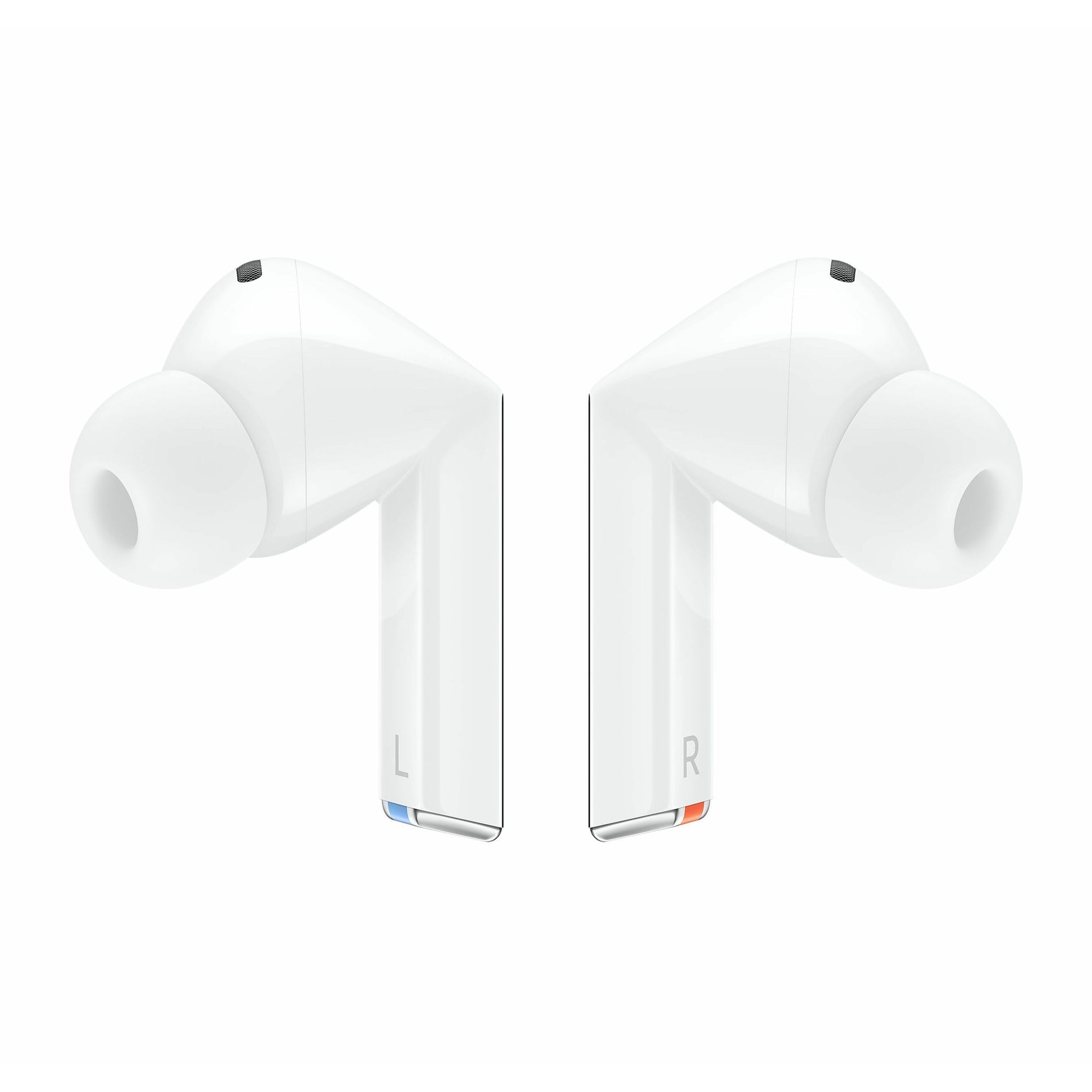 Front view of Samsung Galaxy Buds3 Pro earbuds in white showing detailed ear tips and L/R indicators-alternate-image1