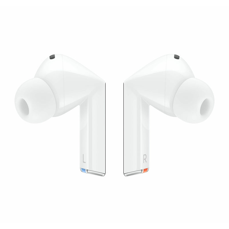 Front view of Samsung Galaxy Buds3 Pro earbuds in white showing detailed ear tips and L/R indicators