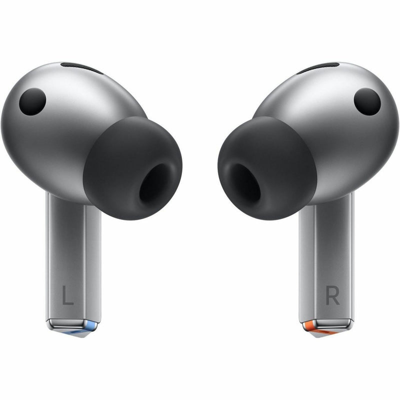 Front view of Samsung Galaxy Buds3 Pro earbuds showing touch-sensitive surfaces and ergonomic design