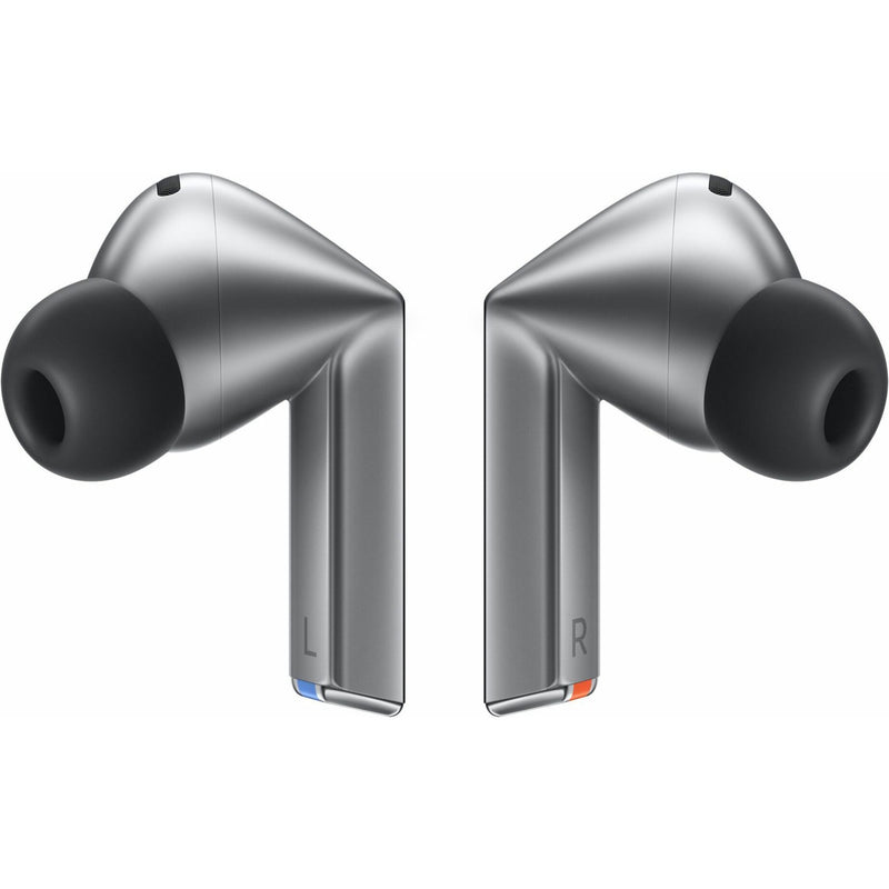 Side view of Samsung Galaxy Buds3 Pro in silver showing angular design with black ear tips and L/R indicators