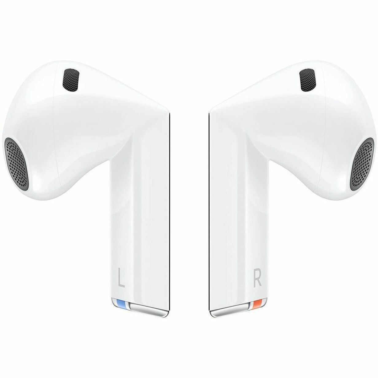 Front view of white Samsung Galaxy Buds3 earbuds showing dual speaker design with mesh covers-alternate-image1