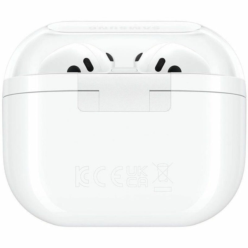 Bottom view of Galaxy Buds3 charging case showing certification markings and regulatory information