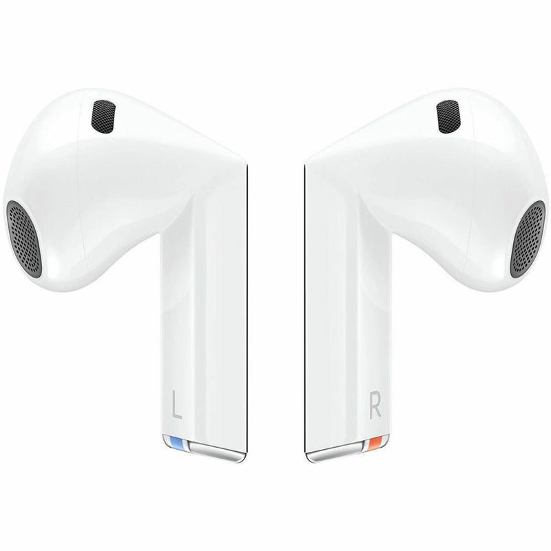 Front view of white Samsung Galaxy Buds3 earbuds showing dual speaker design with mesh covers