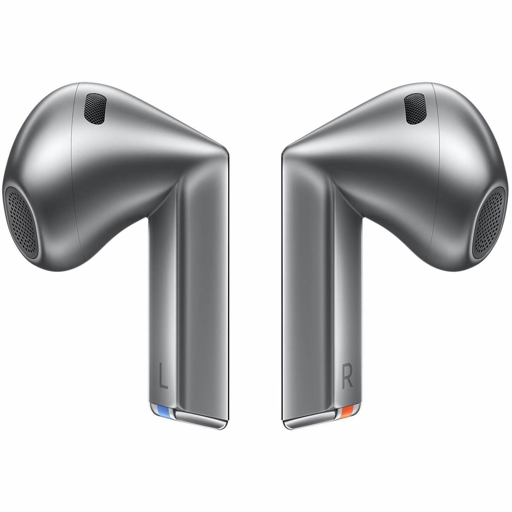 Side view of silver Samsung Galaxy Buds3 earbuds showing L and R indicators with blue and orange accents-alternate-image1