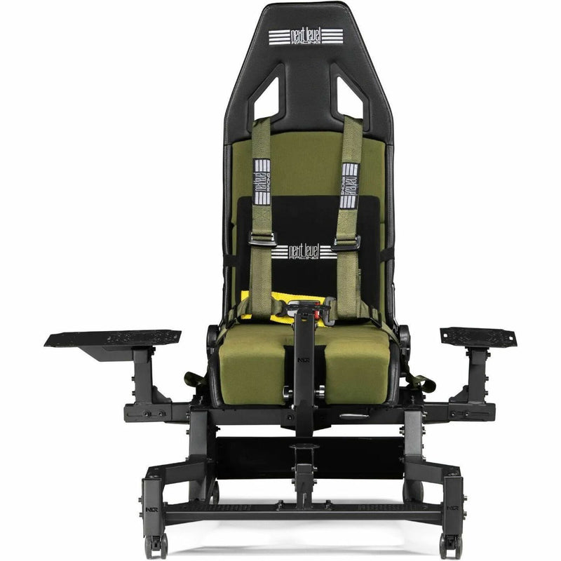 Front view of Next Level Racing Flight Seat Pro Boeing Military Edition showing center HOTAS mount and olive green upholstery