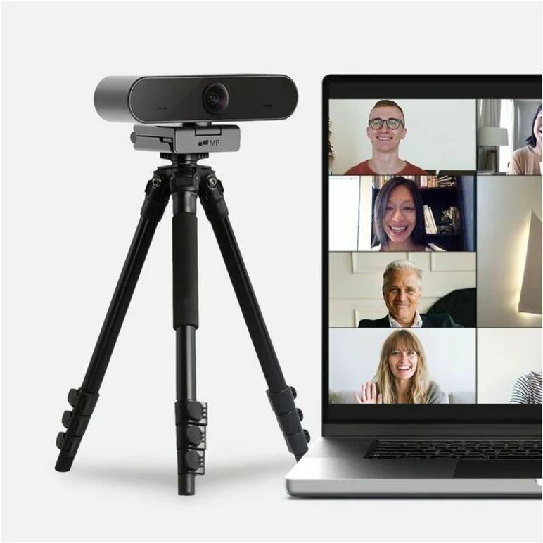 Webcam mounted on tripod with laptop showing video call-alternate-image13