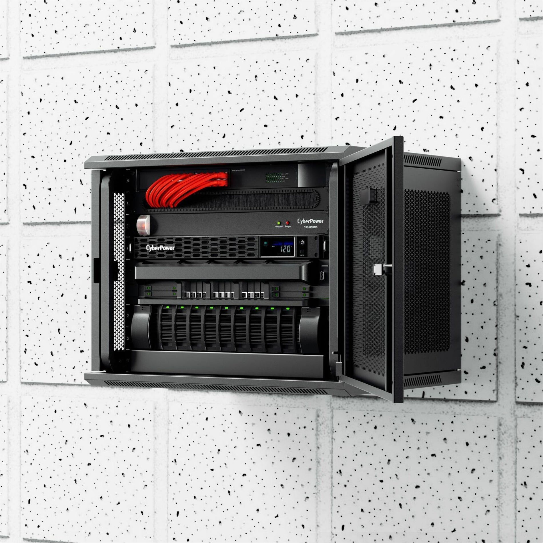 CyberPower CPS815RMS installed in network rack with equipment-alternate-image4