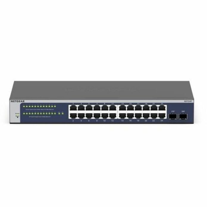 Direct front view of NETGEAR GS724T switch with LED status indicators