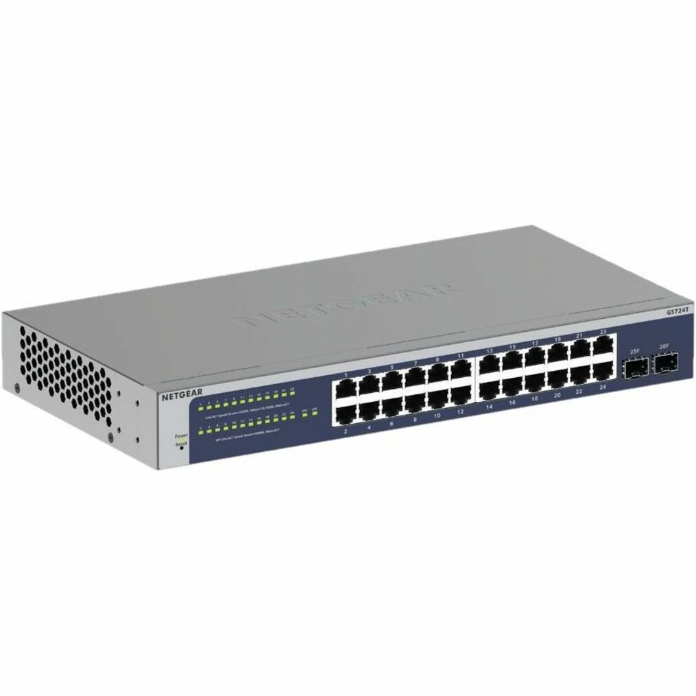 Front angled view of NETGEAR GS724T Gigabit Smart Switch showing 24 Ethernet ports and LED indicators-alternate-image1