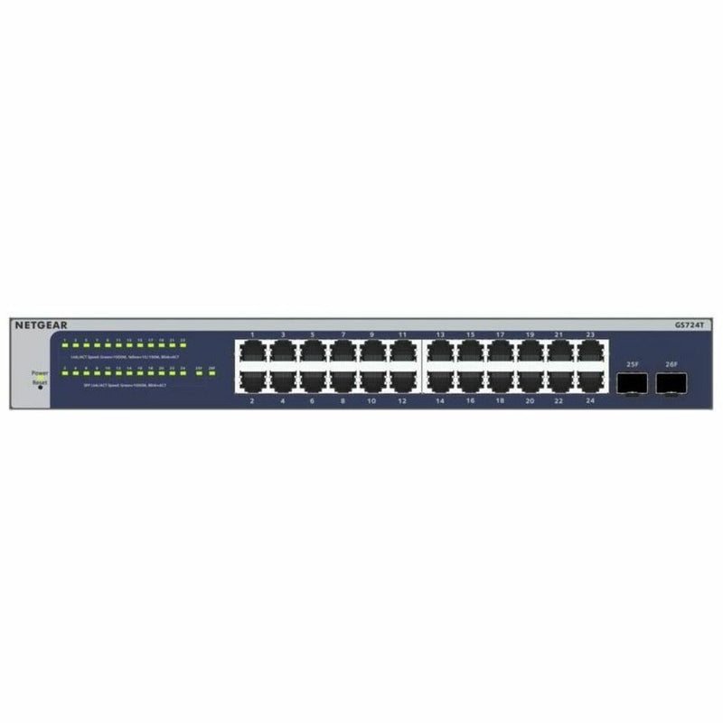 Detailed front panel view of NETGEAR GS724T with numbered ports