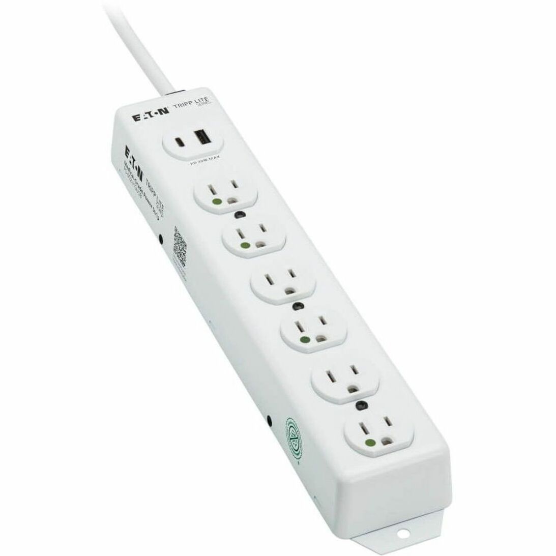 Front view of white medical-grade power strip with six hospital-grade outlets-alternate-image1