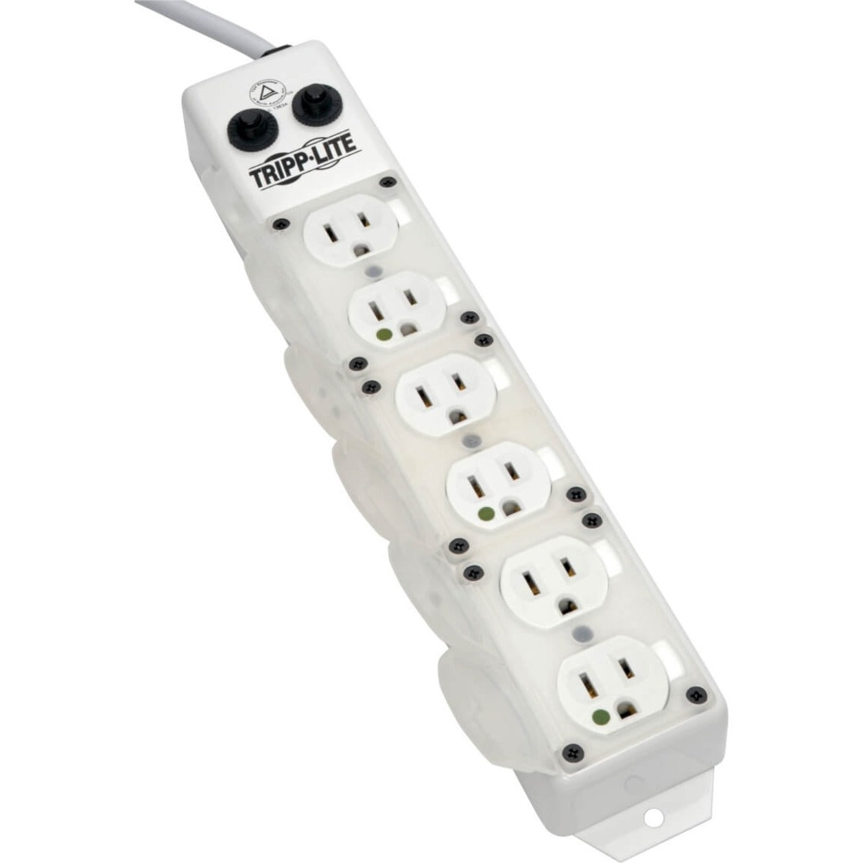 Close-up view of Tripp Lite medical power strip's hospital-grade outlets with status indicators-alternate-image3