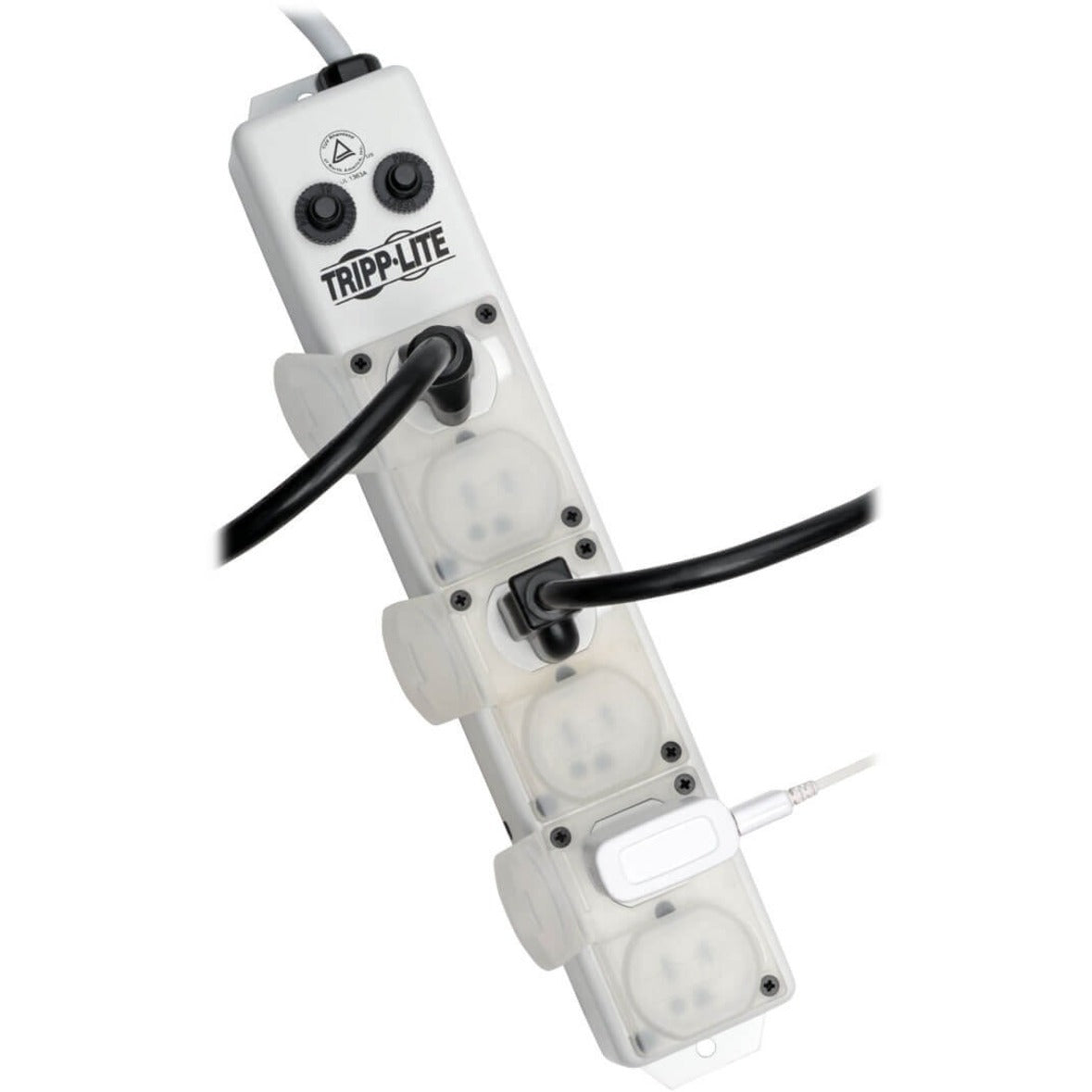 Angled view of Tripp Lite medical power strip showing multiple connected devices-alternate-image2