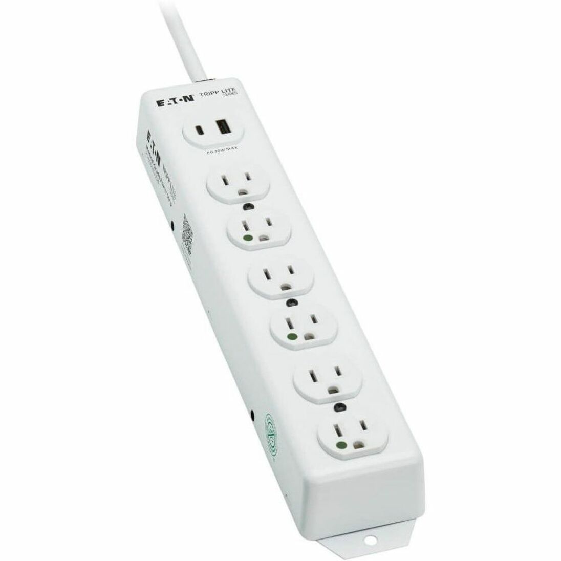 White medical-grade power strip with six hospital-grade outlets in vertical orientation-alternate-image1