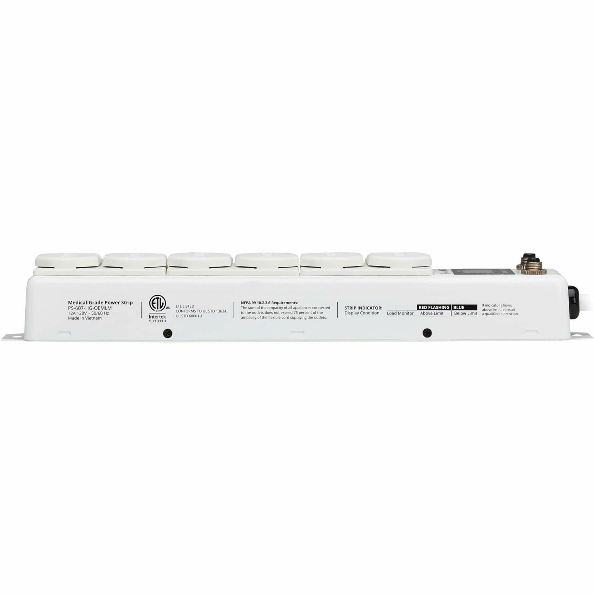 Side view of medical power strip showing UL and NFPA compliance labels-alternate-image2