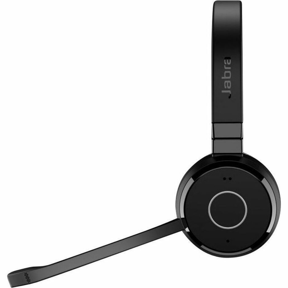 Side profile of Jabra Evolve 65 TE headset highlighting the boom microphone and ear cup design-alternate-image3