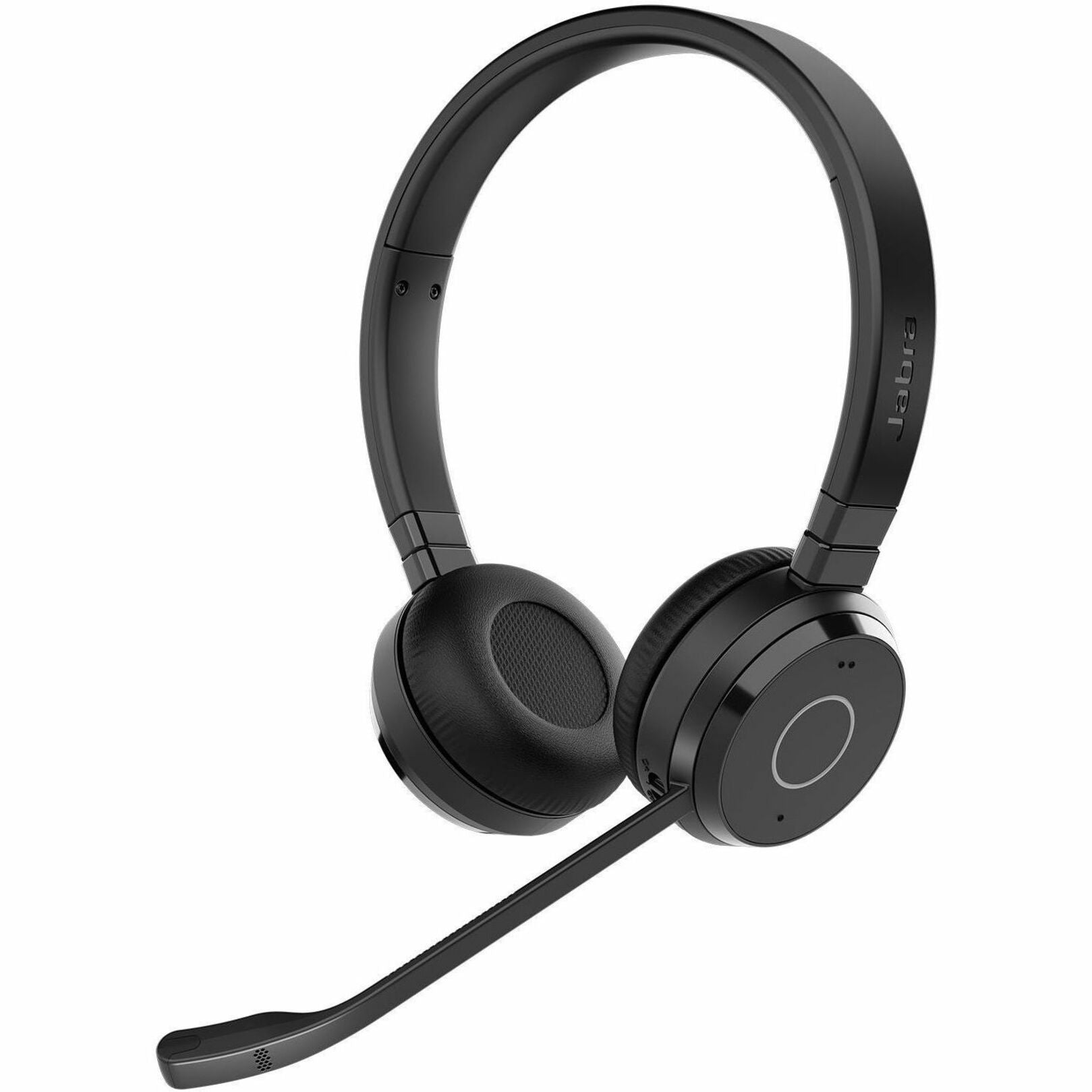 Jabra Evolve 65 TE wireless headset with dual ear cups and boom microphone in black, side angle view-alternate-image1