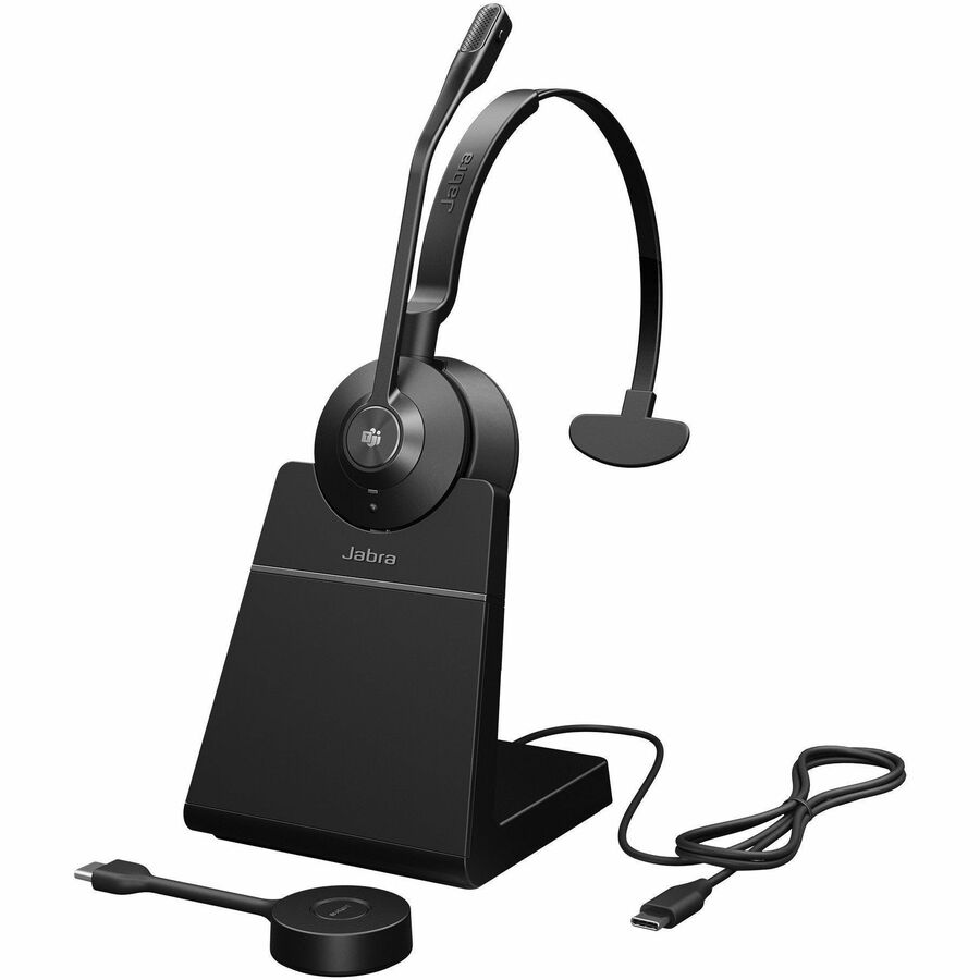 Jabra Engage 55 SE monaural headset with charging stand, USB-C cable, and connector displayed against white background-alternate-image1