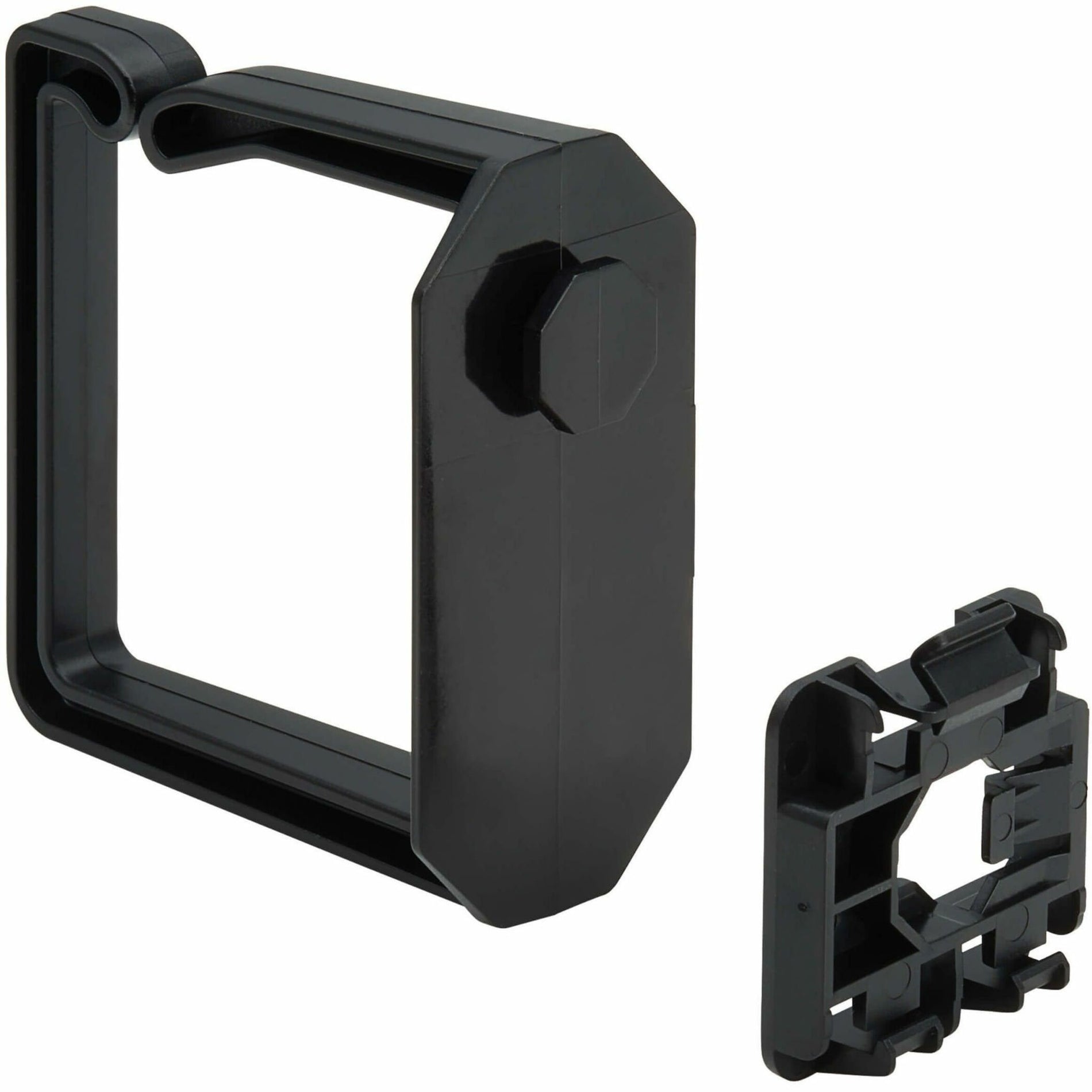 Black D-ring cable manager and DIN rail mounting clip shown separated against white background-alternate-image1