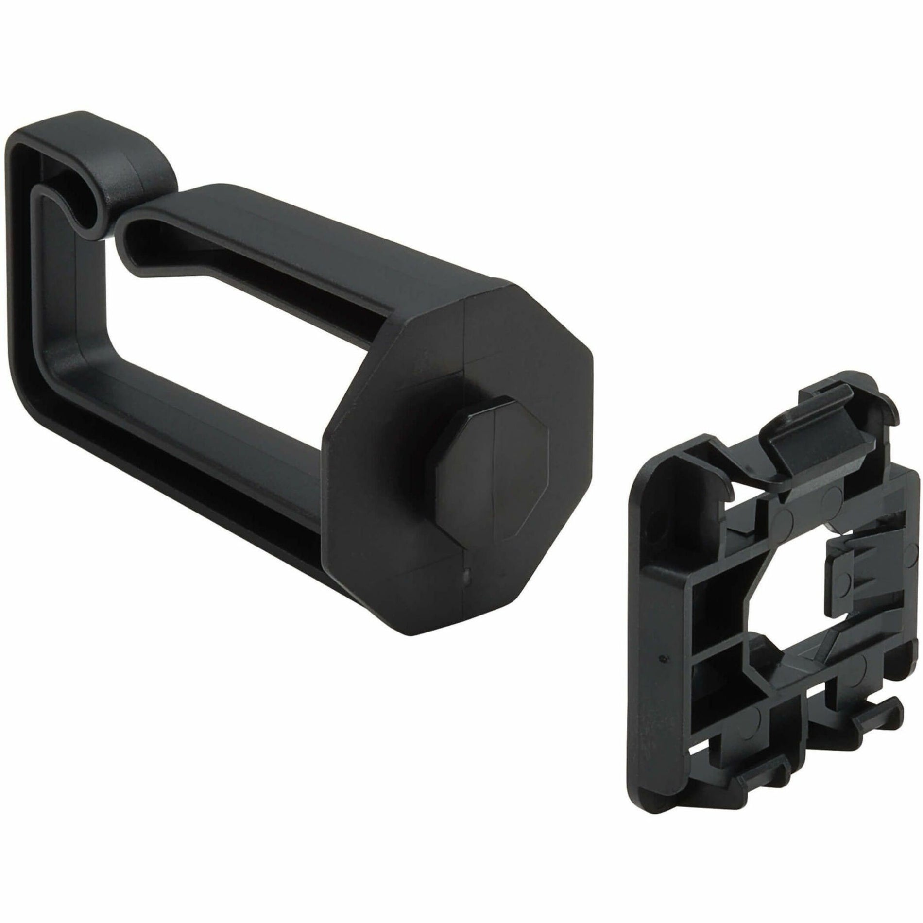 Black polycarbonate D-ring cable manager with DIN rail mounting clip shown separated-alternate-image1