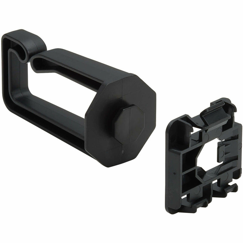 Black polycarbonate D-ring cable manager with DIN rail mounting clip shown separated