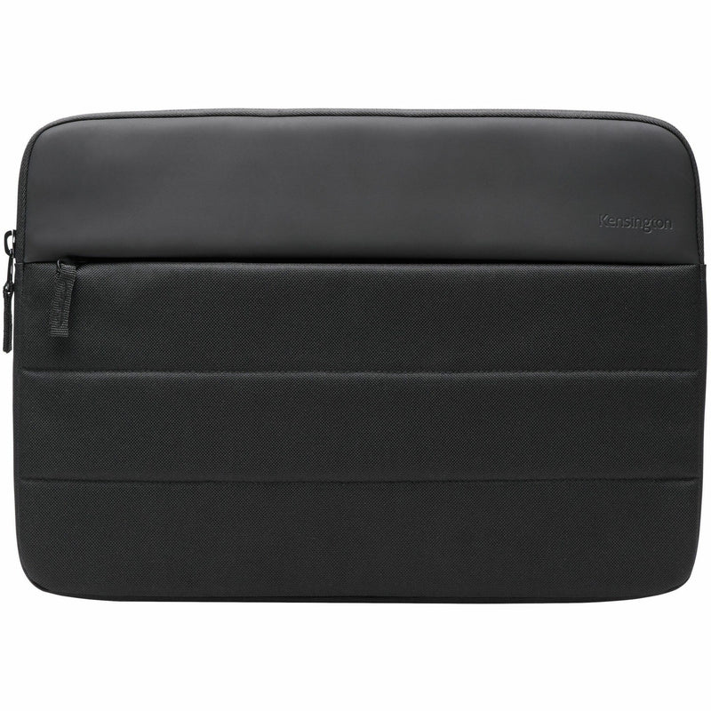 Front view of black Kensington EQ laptop sleeve showing padded design and premium stitching