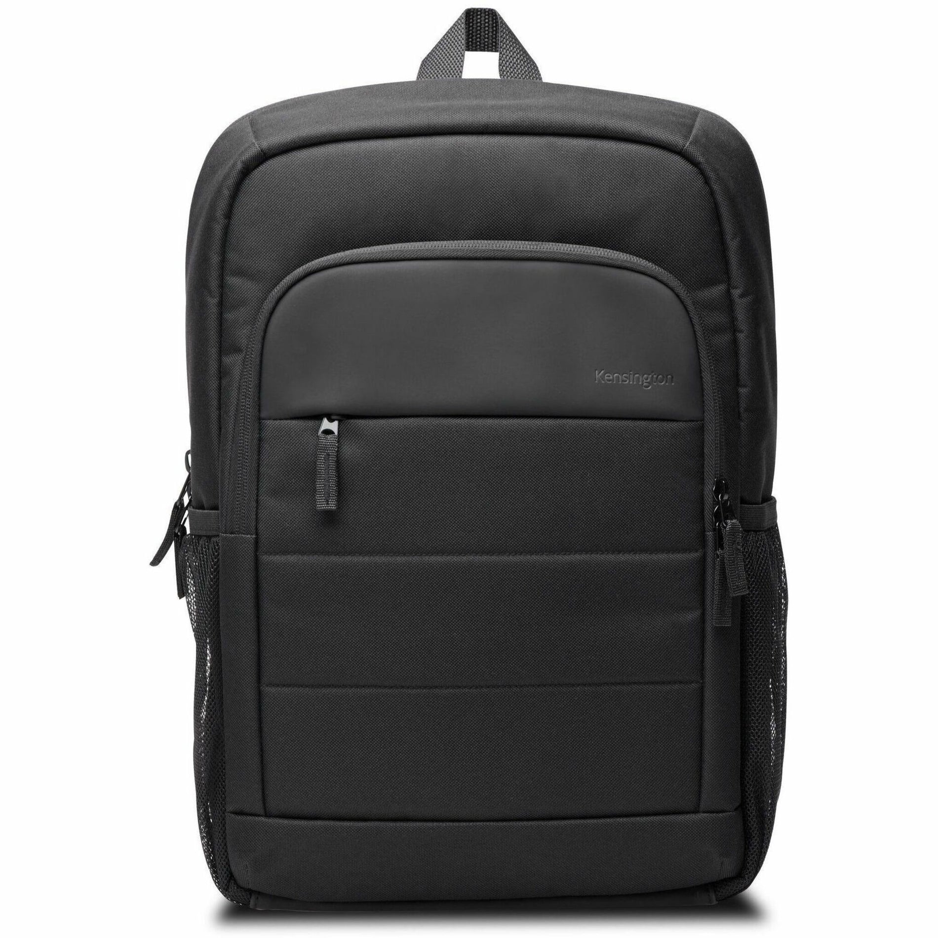 Front view of black Kensington EQ Laptop Backpack showing main compartment and front pocket design-alternate-image1