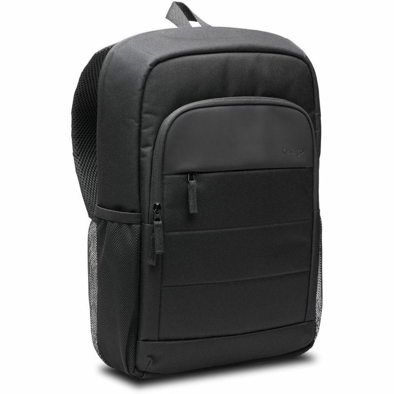 Three-quarter view of Kensington EQ Laptop Backpack showing side mesh pockets and layered compartments